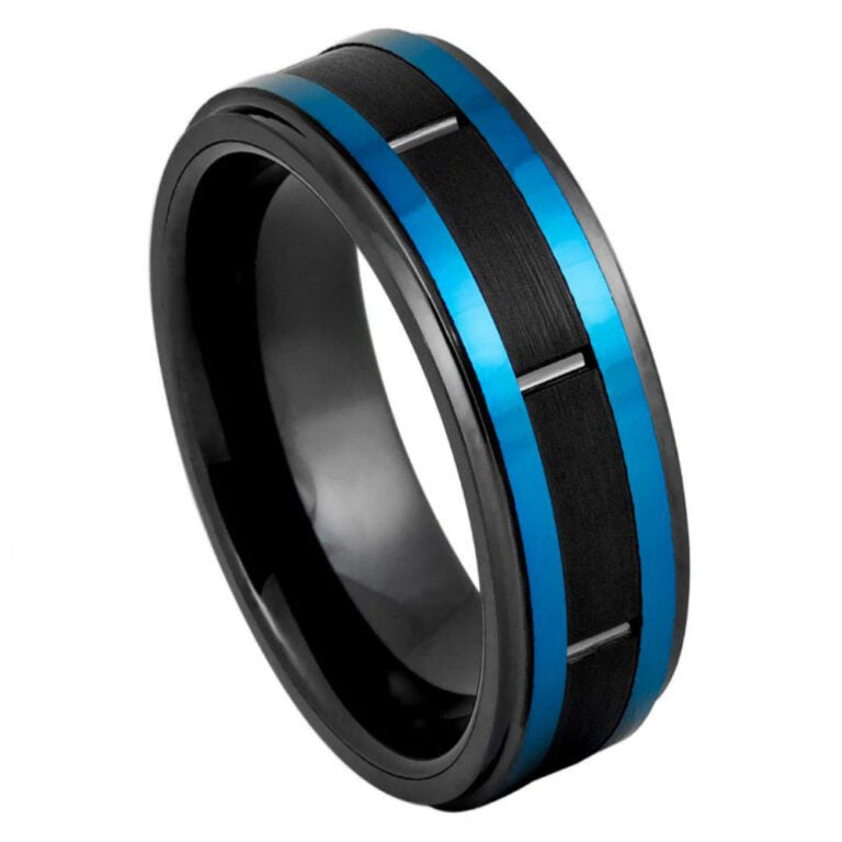 8mm Black & Blue Two-Tone Tungsten Ring – Brushed Matte Men's Wedding Band
