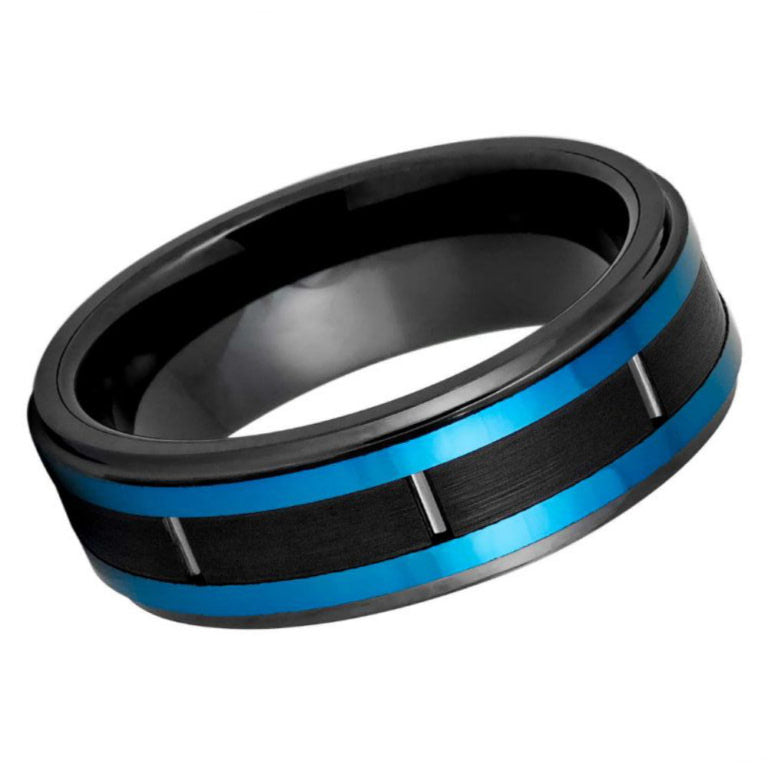 8mm Black & Blue Two-Tone Tungsten Ring – Brushed Matte Men's Wedding Band