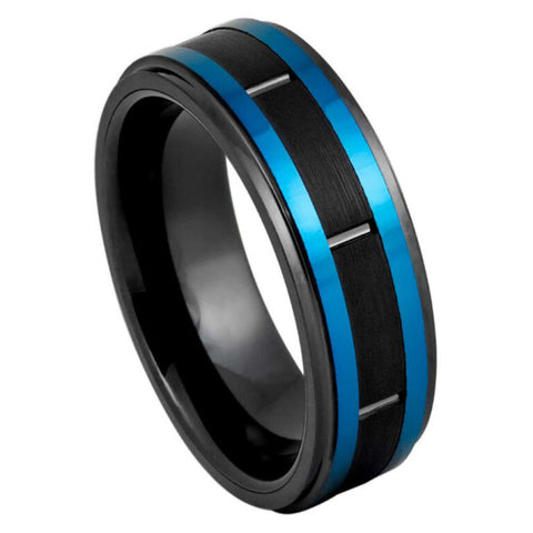 8mm Black & Blue Two-Tone Tungsten Ring – Brushed Matte Men's Wedding Band
