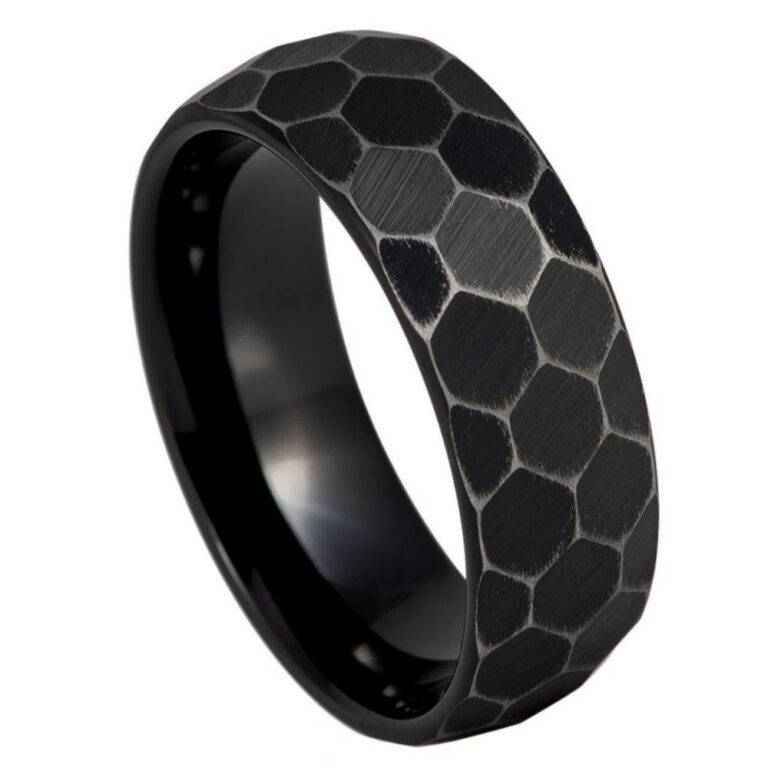 8mm Black Honeycomb Hammered Tungsten Ring – Distressed Vintage Men's Wedding Band