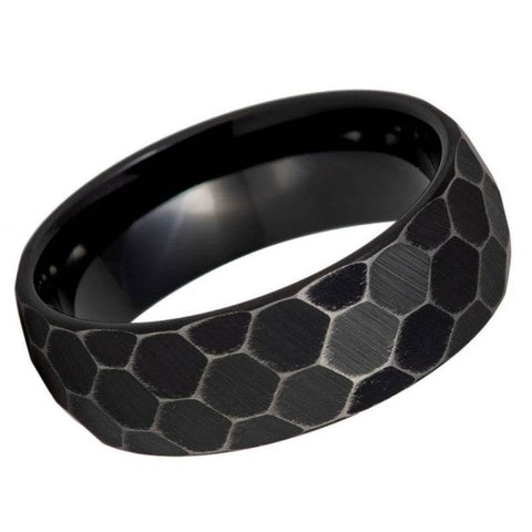 8mm Black Honeycomb Hammered Tungsten Ring – Distressed Vintage Men's Wedding Band