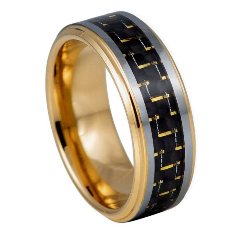 8mm Gold Tungsten Ring with Black & Gold Carbon Fiber Inlay – Men's Luxury Wedding Band