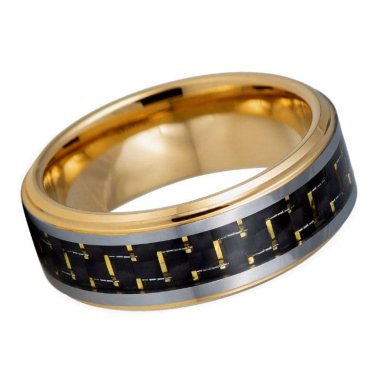 8mm Gold Tungsten Ring with Black & Gold Carbon Fiber Inlay – Men's Luxury Wedding Band