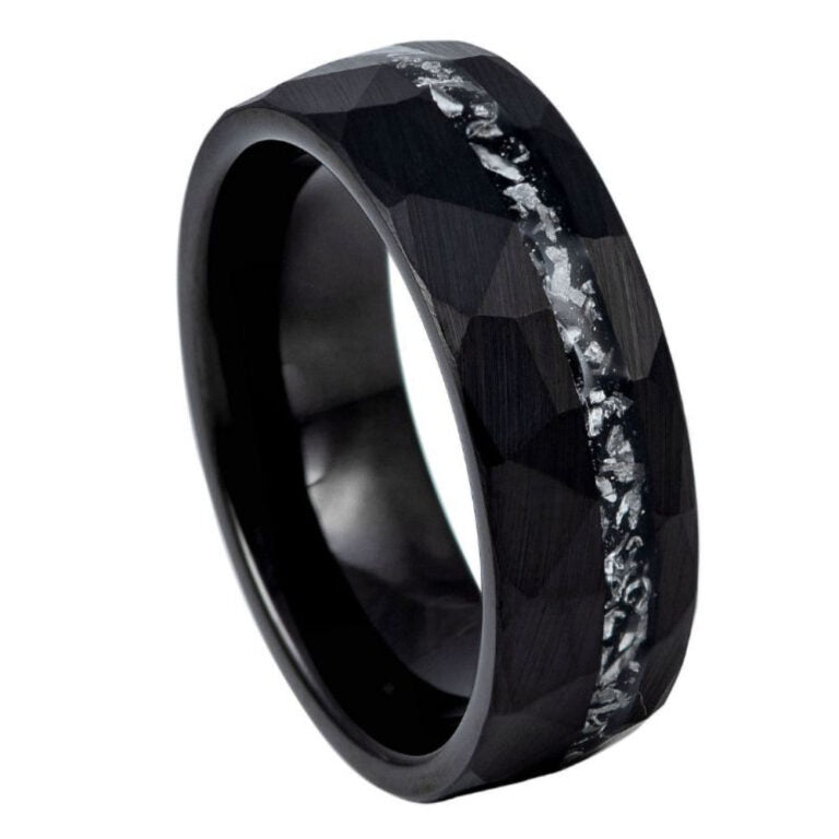8mm Black Hammered Tungsten Ring with Titanium Shred Inlay – Men's Industrial Wedding Band