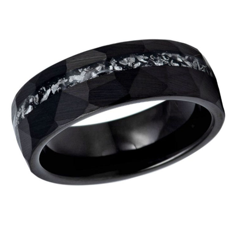 8mm Black Hammered Tungsten Ring with Titanium Shred Inlay – Men's Industrial Wedding Band