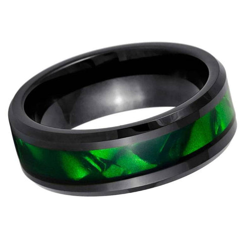 8mm Black Tungsten Carbide Wedding Band with Green Mother of Pearl Inlay – Polished Beveled Edge Comfort Fit Men's Ring
