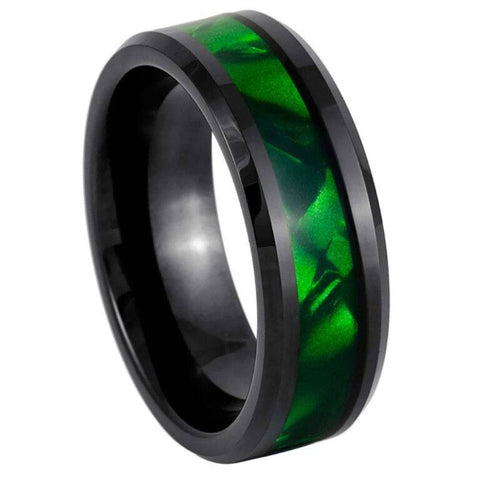 8mm Black Tungsten Carbide Wedding Band with Green Mother of Pearl Inlay – Polished Beveled Edge Comfort Fit Men's Ring