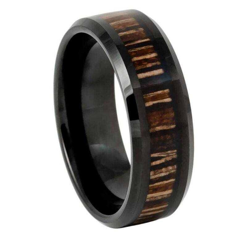 8mm Black Tungsten Wedding Band with Brazilian Tigerwood Inlay – Polished Beveled Edge Comfort Fit Wood Ring for Men