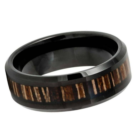 8mm Black Tungsten Wedding Band with Brazilian Tigerwood Inlay – Polished Beveled Edge Comfort Fit Wood Ring for Men