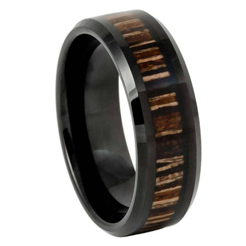 8mm Black Tungsten Wedding Band with Brazilian Tigerwood Inlay – Polished Beveled Edge Comfort Fit Wood Ring for Men