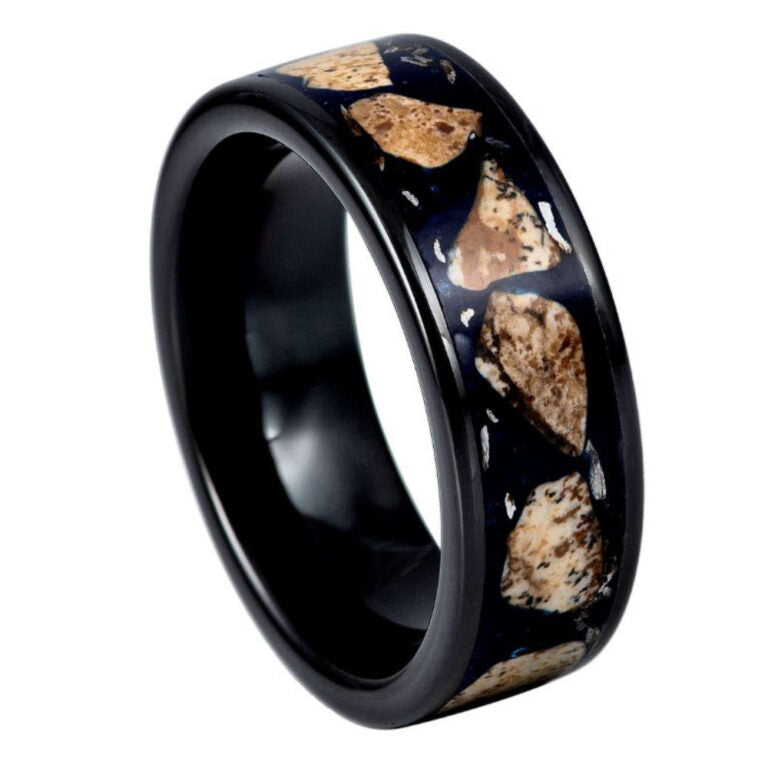 8mm Black Tungsten Wedding Band with Natural Rhodochrosite Stone Inlay – Domed Polished Comfort Fit Men's Crystal Ring