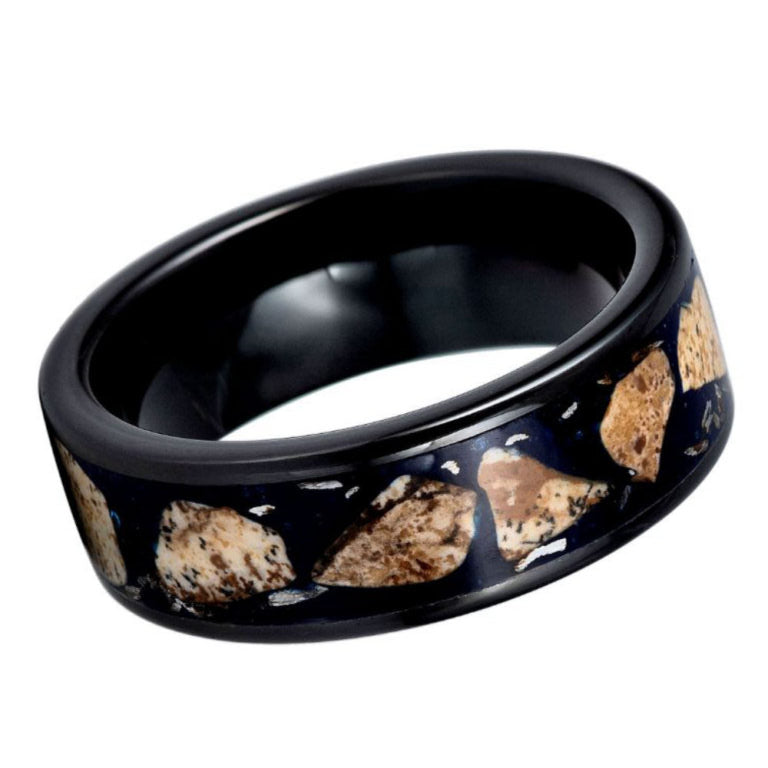 8mm Black Tungsten Wedding Band with Natural Rhodochrosite Stone Inlay – Domed Polished Comfort Fit Men's Crystal Ring