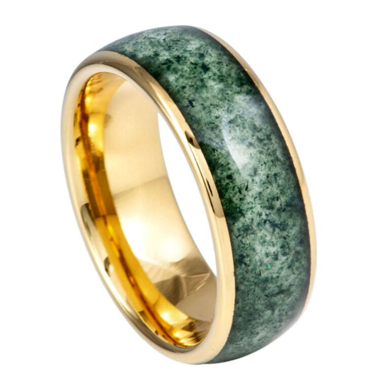 Men’s 8mm Moss Agate Inlay Tungsten Wedding Band – Domed Gold Comfort Fit Ring