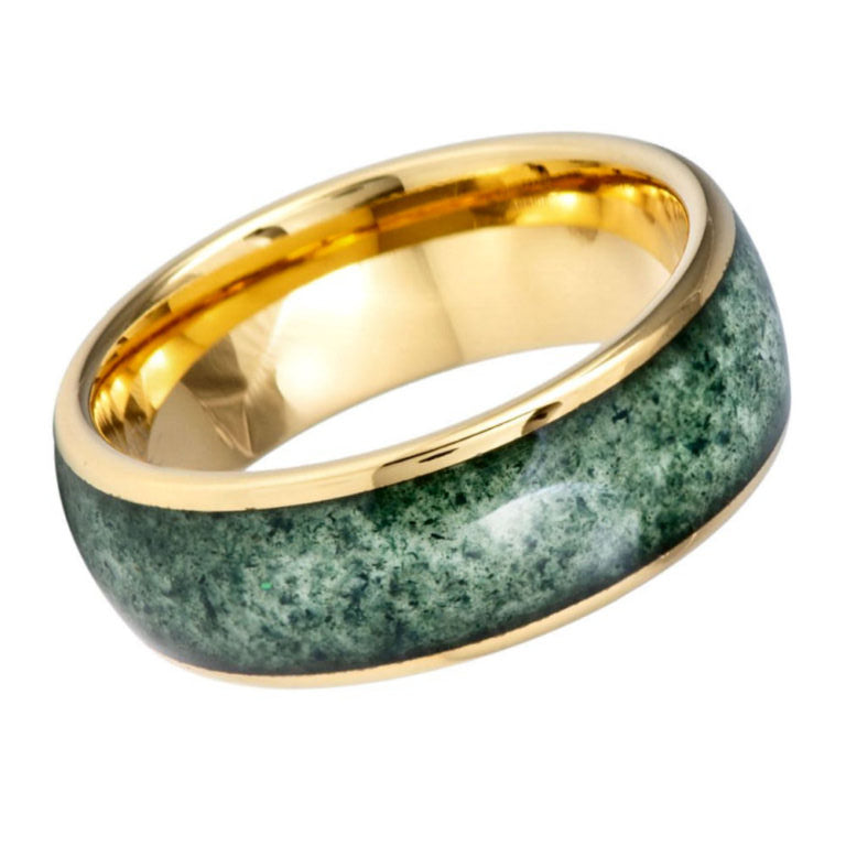 Men’s 8mm Moss Agate Inlay Tungsten Wedding Band – Domed Gold Comfort Fit Ring