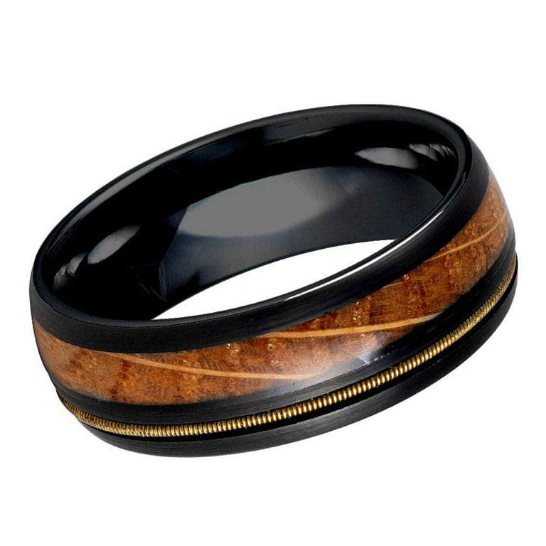 Men's 8mm Whiskey Barrel & Guitar String Inlay Tungsten Wedding Band – Black Brushed Comfort Fit Ring