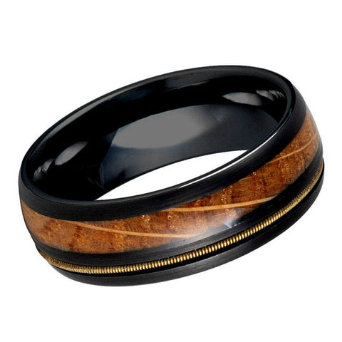 Men's 8mm Whiskey Barrel & Guitar String Inlay Tungsten Wedding Band – Black Brushed Comfort Fit Ring