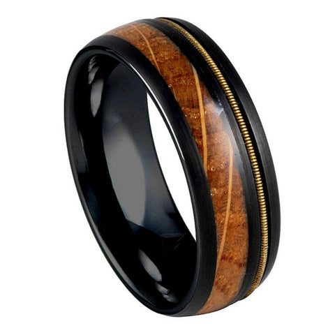 Men's 8mm Whiskey Barrel & Guitar String Inlay Tungsten Wedding Band – Black Brushed Comfort Fit Ring
