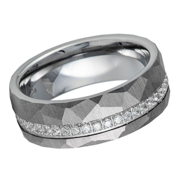 Men’s 8mm Faceted Tungsten Wedding Band with White CZ Eternity Inlay – Silver Geometric Comfort Fit Ring