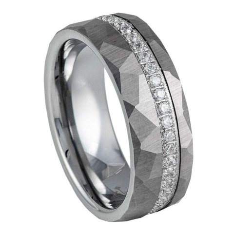 Men’s 8mm Faceted Tungsten Wedding Band with White CZ Eternity Inlay – Silver Geometric Comfort Fit Ring