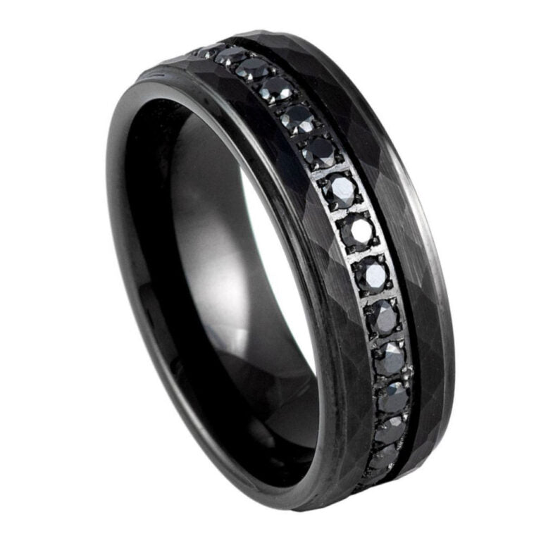 Men's Black Hammered Tungsten Wedding Band with Black CZ Eternity Inlay – 8mm Comfort Fit Ring
