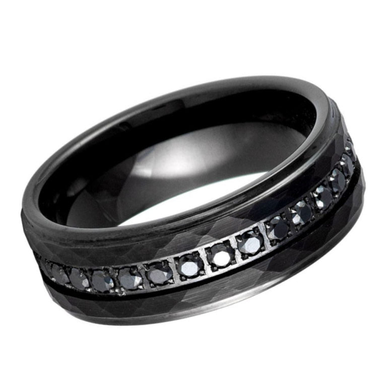 Men's Black Hammered Tungsten Wedding Band with Black CZ Eternity Inlay – 8mm Comfort Fit Ring
