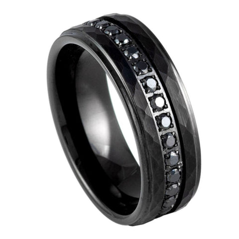 Men's Black Hammered Tungsten Wedding Band with Black CZ Eternity Inlay – 8mm Comfort Fit Ring