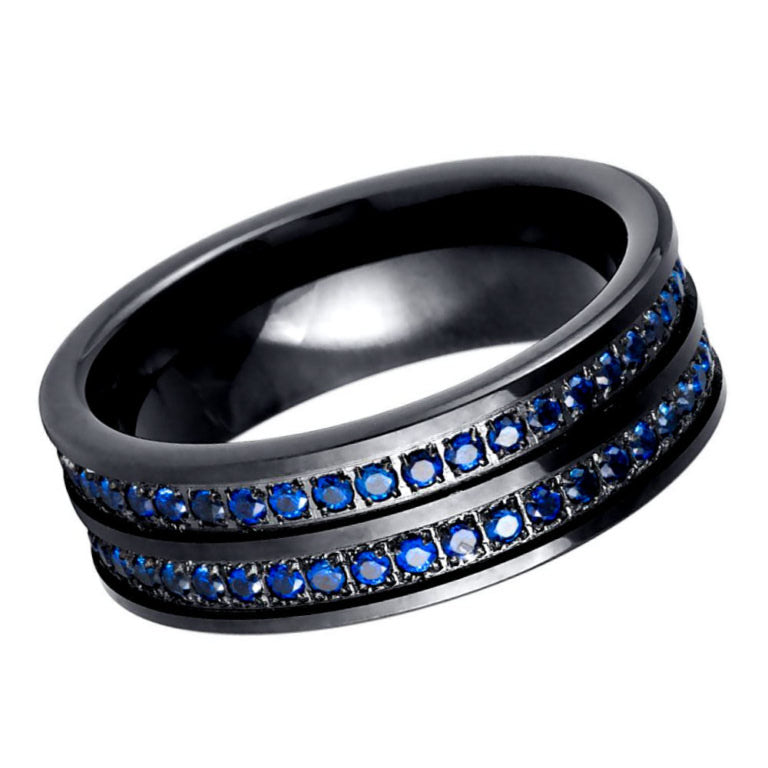 Men’s 8mm Black Tungsten Carbide Wedding Band with Double Row Blue Sapphire CZ Eternity Inlay