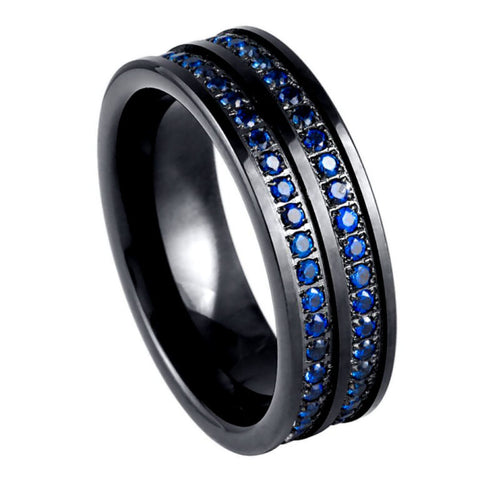 Men’s 8mm Black Tungsten Carbide Wedding Band with Double Row Blue Sapphire CZ Eternity Inlay
