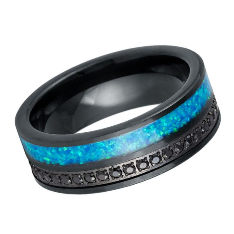 Men’s 8mm Black Tungsten Wedding Band with Galaxy Blue Opal Inlay & Black CZ Eternity Row