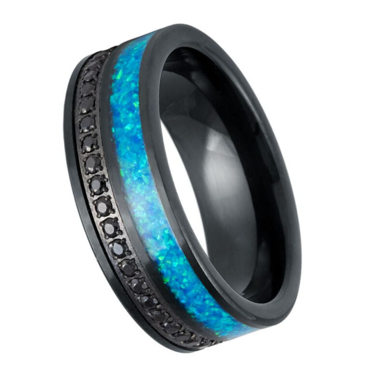 Men’s 8mm Black Tungsten Wedding Band with Galaxy Blue Opal Inlay & Black CZ Eternity Row