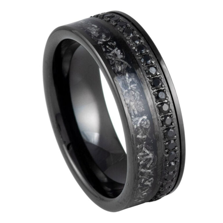 Men’s 8mm Black Tungsten Wedding Band with Crushed Silver Meteorite Style Inlay & Black CZ Eternity Row