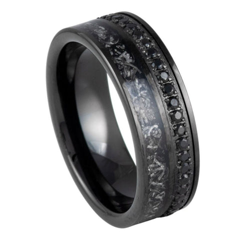 Men’s 8mm Black Tungsten Wedding Band with Crushed Silver Meteorite Style Inlay & Black CZ Eternity Row