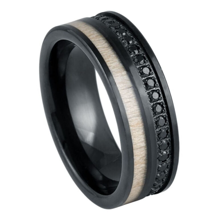 8mm Black Tungsten Wedding Band with White Wood Inlay & Black CZ Eternity Stones