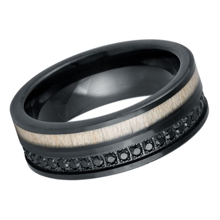 8mm Black Tungsten Wedding Band with White Wood Inlay & Black CZ Eternity Stones