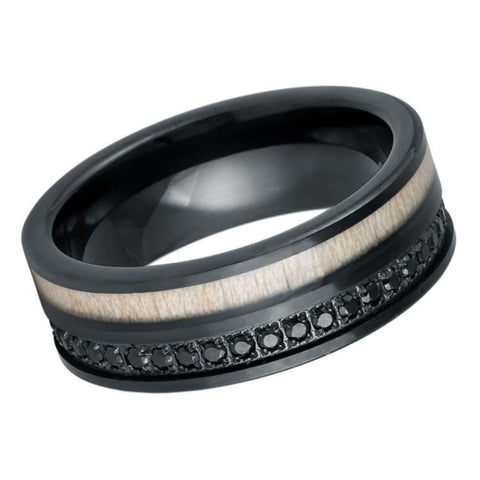 8mm Black Tungsten Wedding Band with White Wood Inlay & Black CZ Eternity Stones