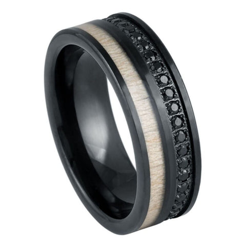 8mm Black Tungsten Wedding Band with White Wood Inlay & Black CZ Eternity Stones