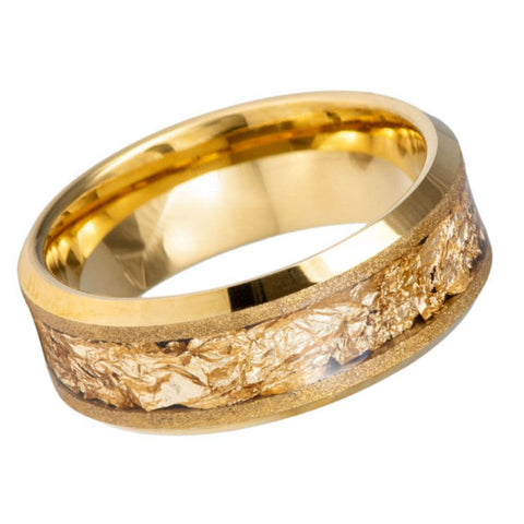 8mm Gold Tungsten Wedding Band with Crushed Gold Foil Inlay & Beveled Edges