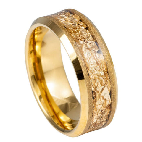 8mm Gold Tungsten Wedding Band with Crushed Gold Foil Inlay & Beveled Edges