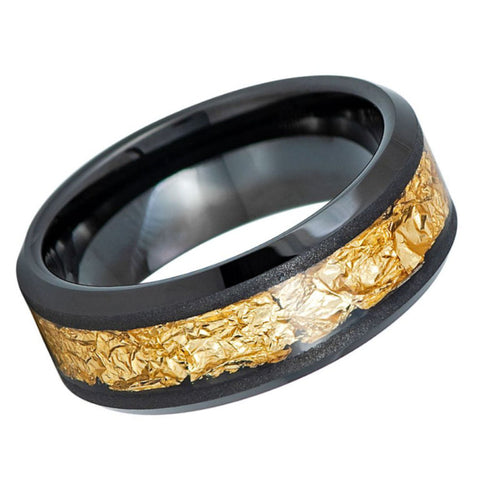 8mm Black Tungsten Wedding Band with Crushed Gold Foil Inlay – Beveled Edge Comfort Fit