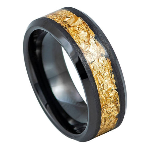 8mm Black Tungsten Wedding Band with Crushed Gold Foil Inlay – Beveled Edge Comfort Fit
