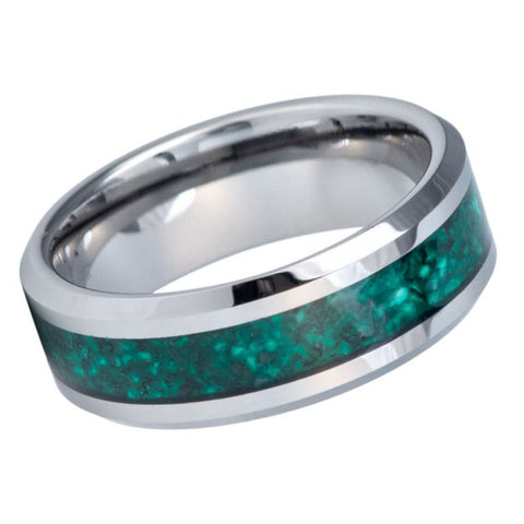 8mm Men's Tungsten Carbide Ring with Natural Green Agate Inlay & Beveled Edges