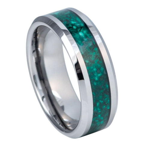 8mm Men's Tungsten Carbide Ring with Natural Green Agate Inlay & Beveled Edges