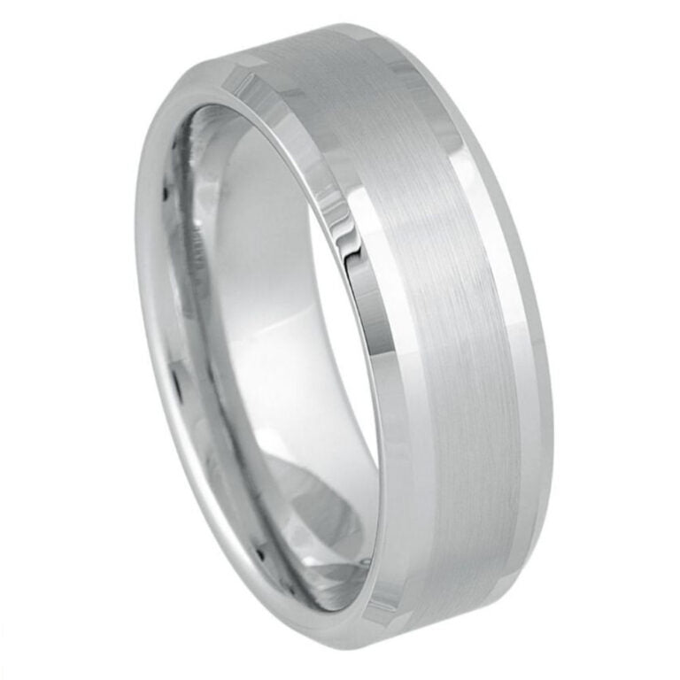 8mm Men's White Tungsten Wedding Band with Brushed Center & Polished Beveled Edges