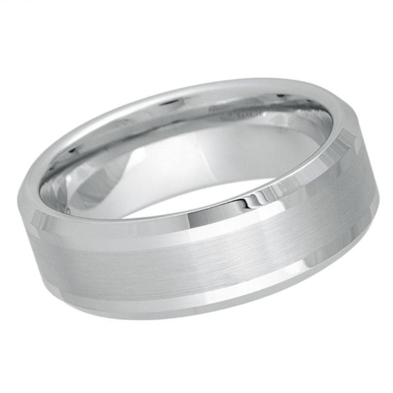 8mm Men's White Tungsten Wedding Band with Brushed Center & Polished Beveled Edges