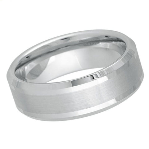 8mm Men's White Tungsten Wedding Band with Brushed Center & Polished Beveled Edges