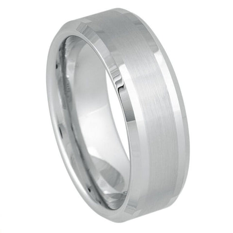 8mm Men's White Tungsten Wedding Band with Brushed Center & Polished Beveled Edges