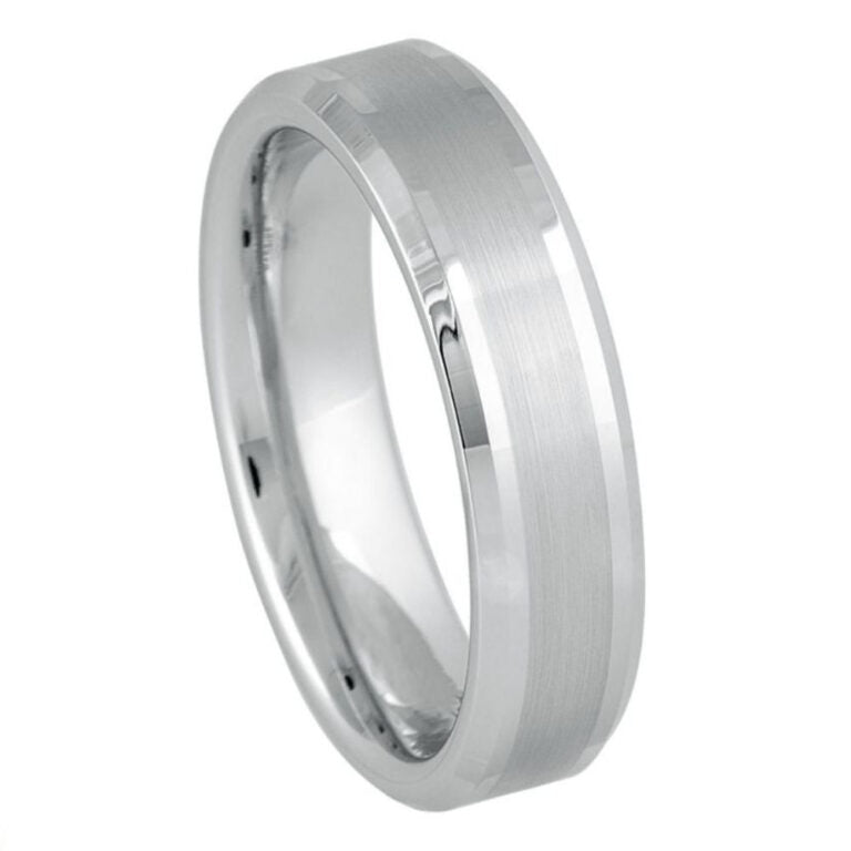 6mm White Tungsten Wedding Band with Brushed Center and Polished Beveled Edges