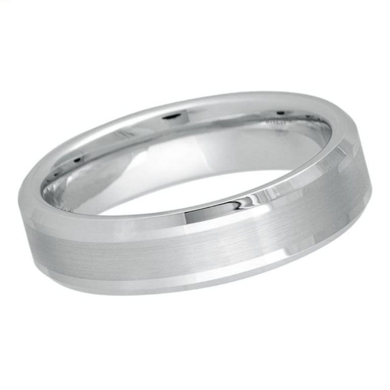 6mm White Tungsten Wedding Band with Brushed Center and Polished Beveled Edges