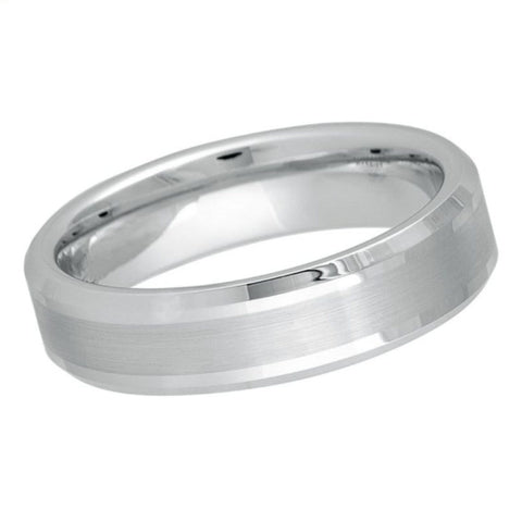 6mm White Tungsten Wedding Band with Brushed Center and Polished Beveled Edges