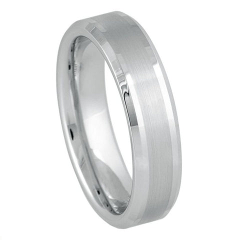 6mm White Tungsten Wedding Band with Brushed Center and Polished Beveled Edges